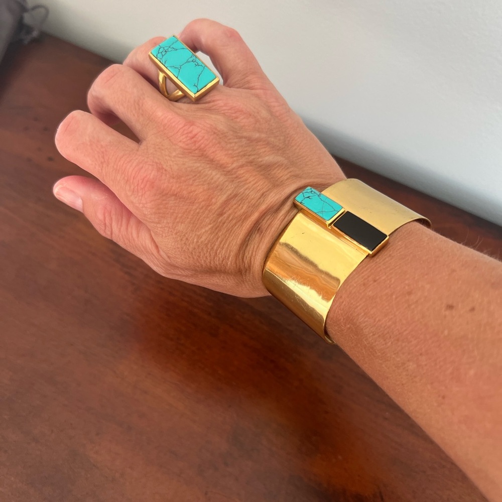 Julie Vos matching set. Gold Cuff and Ring with Turquoise and Onyx Accents